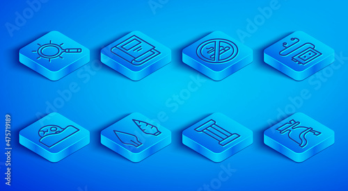 Set line Magnifying glass, History book, No Smoking, Stone age arrow head, Ancient column, Museum audio guide, Human skull and Roman army helmet icon. Vector