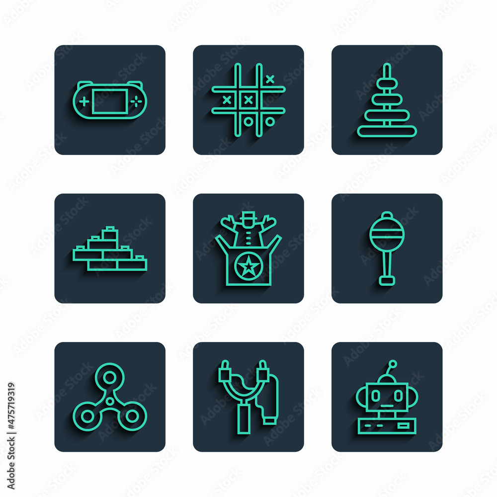 Set line Fidget spinner, Slingshot, Robot toy, Pyramid, Jack the box, Toy building block bricks, Portable video game console and Rattle baby icon. Vector Set line Fidget spinner, Slingshot, Robot toy, Pyramid, Jack the box, Toy building block bricks, Portable video game console and Rattle baby icon. Vector