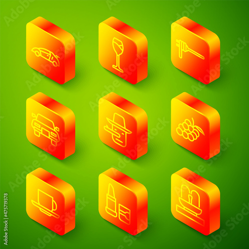 Set line Sport racing car, Wine glass, Pasta spaghetti, Car, Pinocchio, Grape fruit, Coffee cup and Lipstick icon. Vector