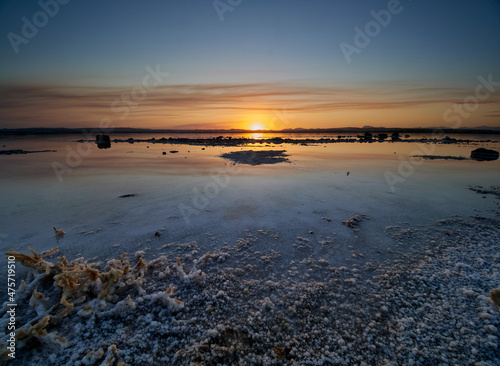 Sunset on the pink lagoon of the salt flats of Torrevieja  Spain