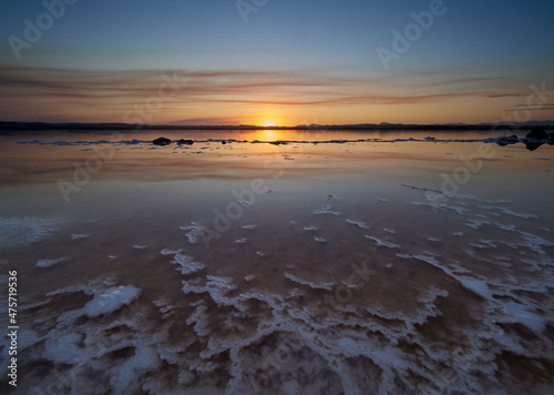 Sunset on the pink lagoon of the salt flats of Torrevieja  Spain