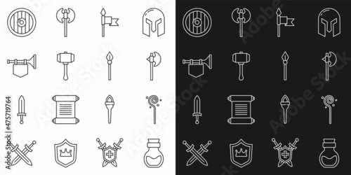 Set line Poison in bottle, Magic staff, Medieval axe, spear, Hammer, Trumpet with flag, Round wooden shield and icon. Vector