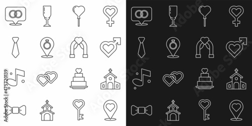 Set line Location with heart, Church building, Heart male gender, Balloons form of, Wedding rings, Tie, and arch icon. Vector