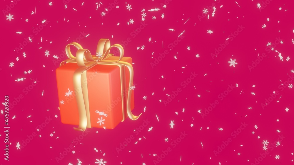 3d render image of red gift box with yellow ribbon floating with glow white snowflake in reddish purple background 3d render image of red gift box with yellow ribbon floating with glow white snowflake in reddish purple background