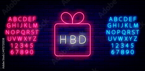 Birthday gift neon sign with alphabet. Holiday emblem. Outer glowing effect banner with font. Vector stock illustration