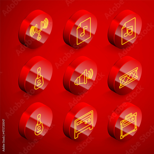 Set line Musical tuning fork, book with note, Guitar, Speaker volume, Drum, and amplifier icon. Vector