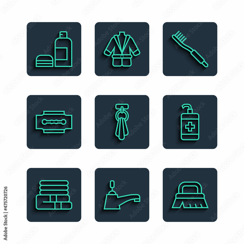 Set line Towel stack, Water tap, Brush for cleaning, Toothbrush, on hanger, Blade razor, Bottle of shampoo and Hand sanitizer bottle icon. Vector Set line Towel stack, Water tap, Brush for cleaning, Toothbrush, on hanger, Blade razor, Bottle of shampoo and Hand sanitizer bottle icon. Vector