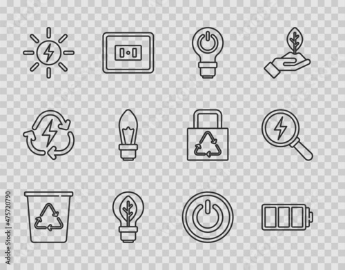 Set line Recycle bin with recycle, Battery, Light bulb lightning, leaf, Solar energy panel, Power button and Lightning bolt icon. Vector