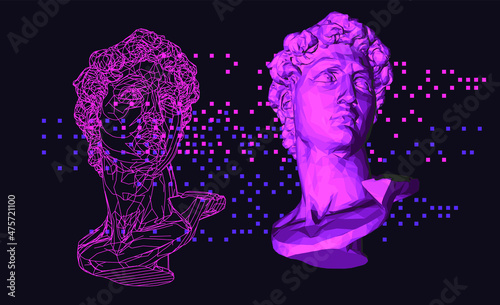 Retrofuturistic style 3D illustration of a low poly bust on dark background. Vaporwave computer art aesthetics.