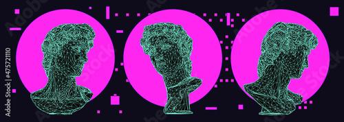 Retrofuturistic style 3D illustration of a low poly bust on dark background. Vaporwave computer art aesthetics.