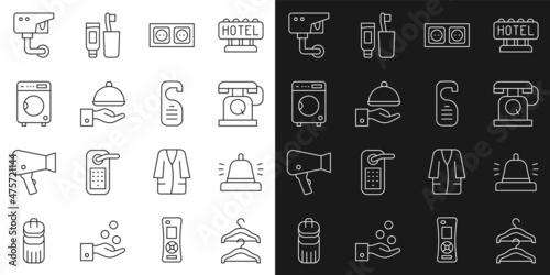Set line Hanger wardrobe, Hotel service bell, Telephone handset, Electrical outlet, Covered with tray, Washer, Security camera and Please do not disturb icon. Vector