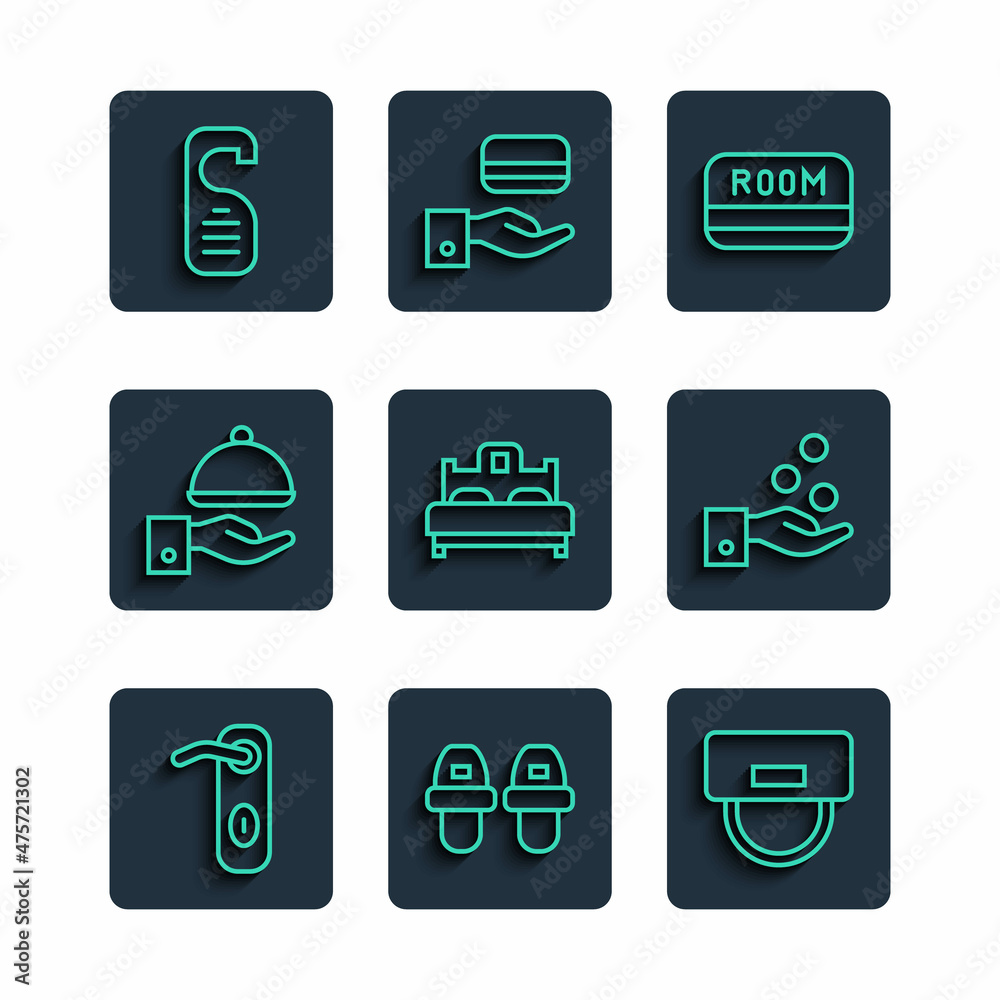 Set line Door handle, Hotel slippers, Bellboy hat, key card, Bedroom, Covered with tray, Please do not disturb and Paying tips icon. Vector Set line Door handle, Hotel slippers, Bellboy hat, key card, Bedroom, Covered with tray, Please do not disturb and Paying tips icon. Vector