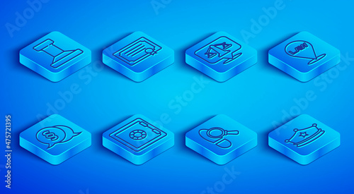 Set line Stamp, Certificate template, Scales of justice, Safe, Footsteps, Location law, Law and Police cap with cockade icon. Vector
