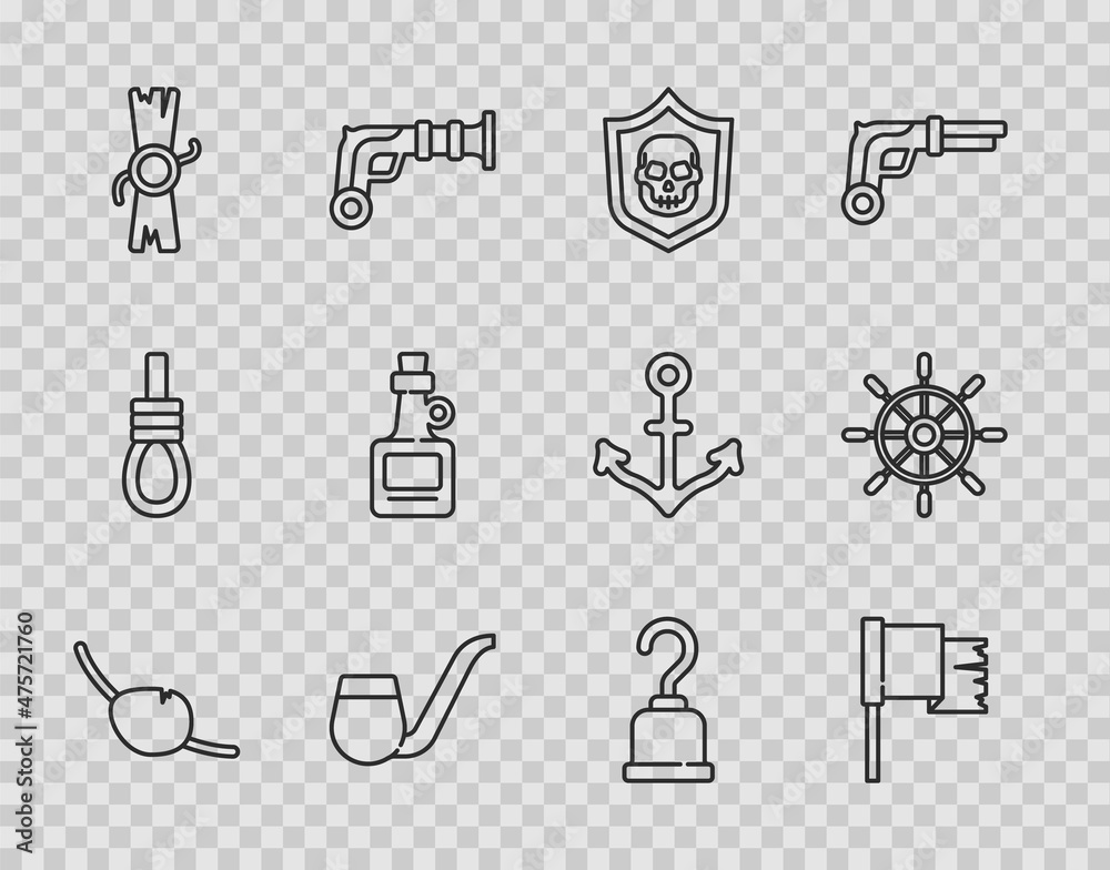 Set line Pirate eye patch, flag, Shield with pirate skull, Smoking pipe, Decree, parchment, scroll, Alcohol drink Rum, hook and Ship steering wheel icon. Vector Set line Pirate eye patch, flag, Shield with pirate skull, Smoking pipe, Decree, parchment, scroll, Alcohol drink Rum, hook and Ship steering wheel icon. Vector