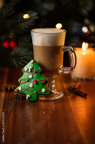 cup of coffee and christmas tree