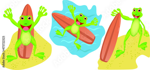 Illustration of cartoon frog playing with the surfboard  drifting  and surfing. Funny frog standing  raising hands  and holding surfboard with one hand. Set of frogs and funny behaviors. 