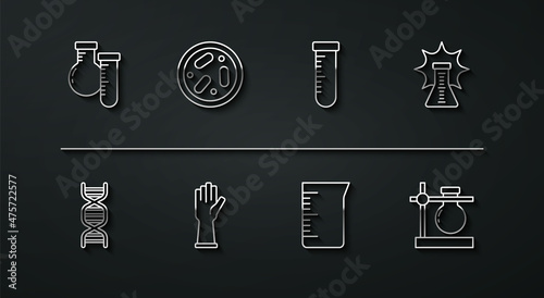 Set line Test tube and flask, DNA symbol, Chemical explosion, Laboratory glassware or beaker, Medical rubber gloves, Petri dish with bacteria, stand and icon. Vector
