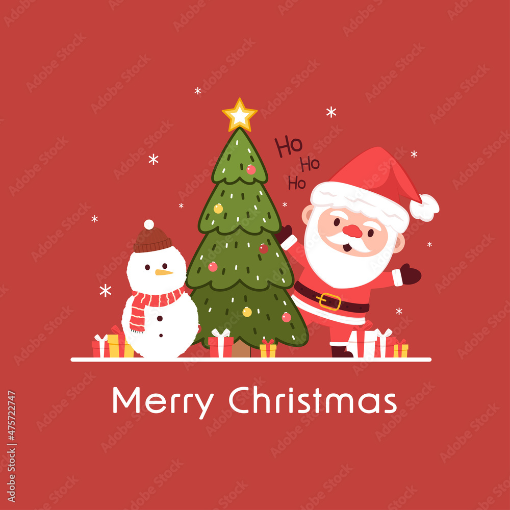 Merry Christmas and happy new year 2022 greeting card. Snowman and Santa Claus cartoon character. Cute Christmas mascot.