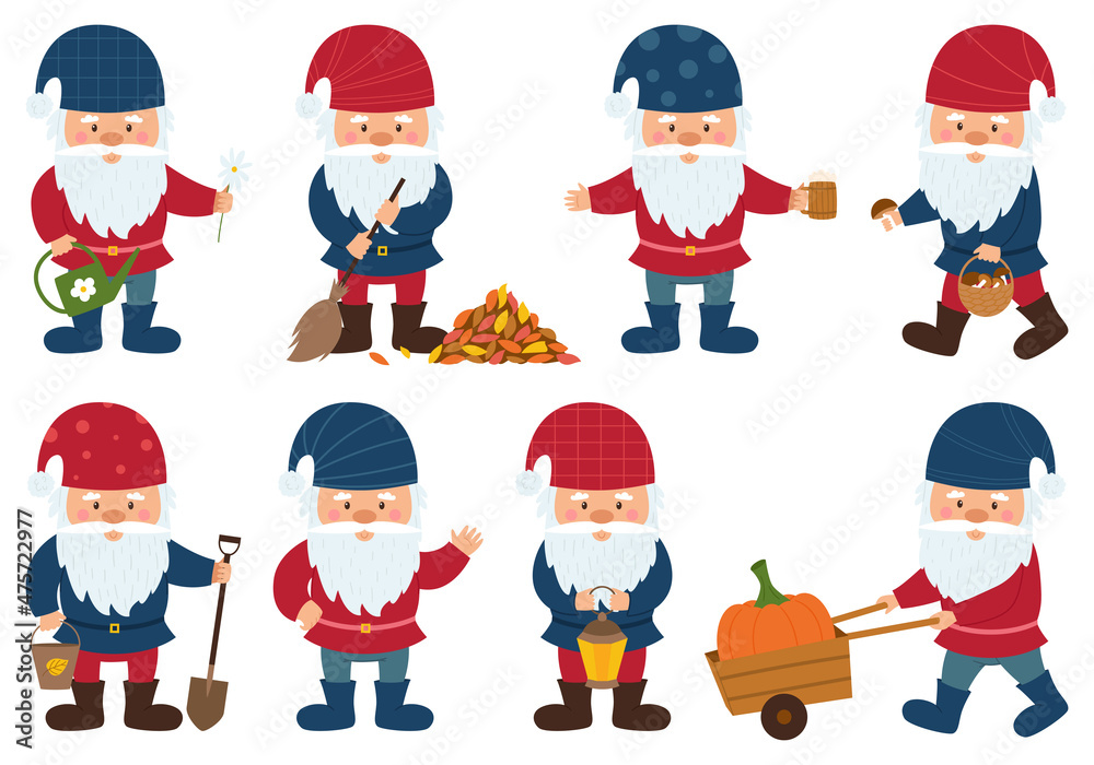 A collection of little gnomes with beards and caps hold a lantern, a bucket, basket of mushrooms, sweeps fallen leaves, carries a pumpkin. Small dwarfs, cute cartoon characters on a white background.