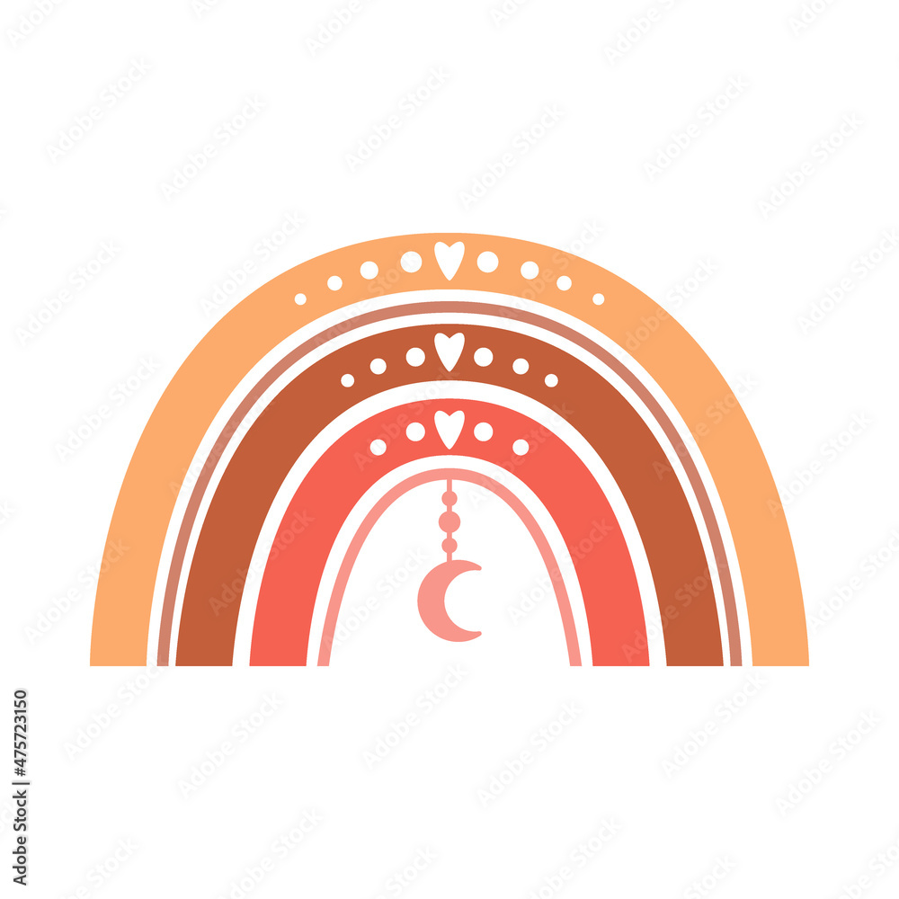 Cute boho rainbow with hearts, twigs and boho elements. Decorative element of neutral, pastel colors for nursery design, baby shower cards and invitations. Vector illustration isolated white