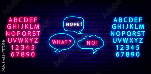 Retro speech bubbles neon sign collection. Nope, no and what shiny text. Blue and pink alphabet. Vector illustration