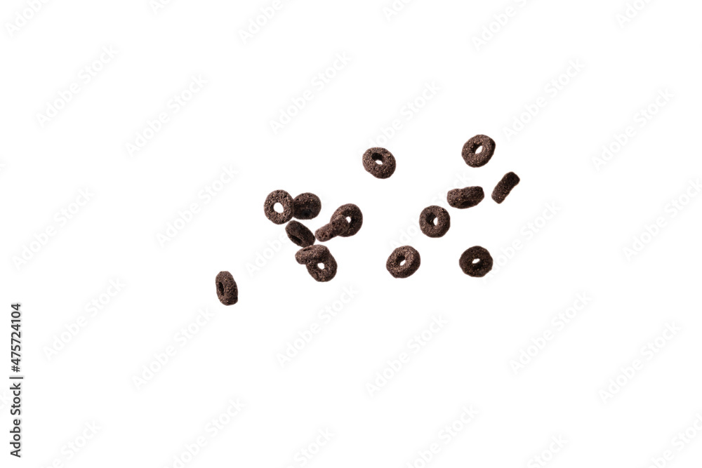Chocolate rings cereal spill out into a bowl. Breakfast. Chocolate rings cereal spill out into a bowl. Breakfast.