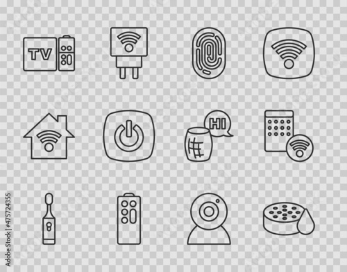 Set line Electric toothbrush, Water sensor, Fingerprint, Remote control, Multimedia and TV box receiver, Smart home, Web camera and Air humidifier icon. Vector