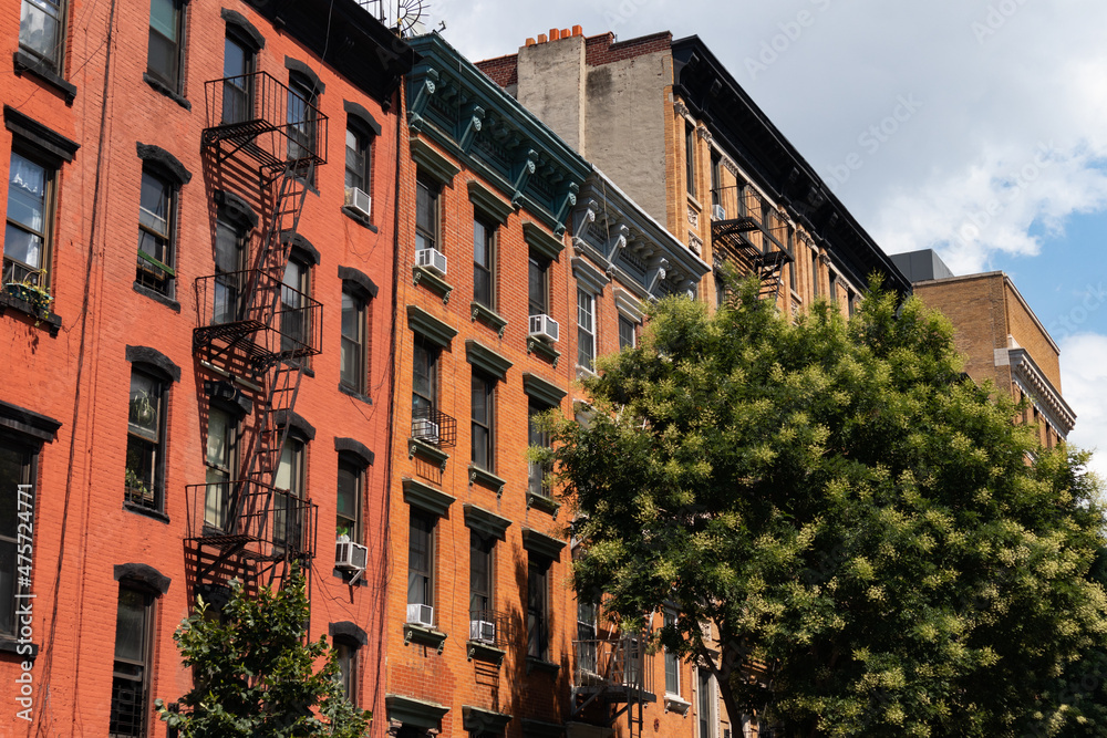 Row of Colorful Old Brick Apartment Buildings in the East Village of New York City