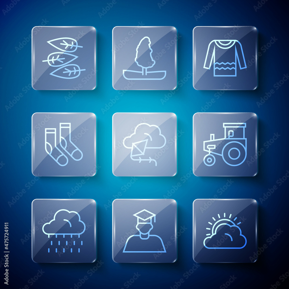 Set line Cloud with rain, Graduate and graduation cap, Sun cloud weather, Sweater, Kite, Socks, Leaf or leaves and Tractor icon. Vector Set line Cloud with rain, Graduate and graduation cap, Sun cloud weather, Sweater, Kite, Socks, Leaf or leaves and Tractor icon. Vector