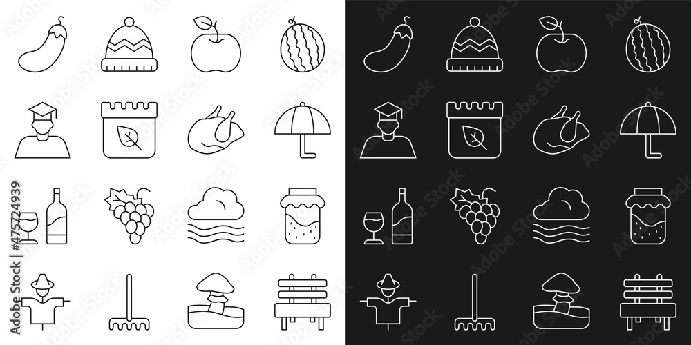 Set line Bench, Jam jar, Umbrella, Apple, Calendar with autumn leaves, Graduate and graduation cap, Eggplant and Roasted turkey or chicken icon. Vector Set line Bench, Jam jar, Umbrella, Apple, Calendar with autumn leaves, Graduate and graduation cap, Eggplant and Roasted turkey or chicken icon. Vector