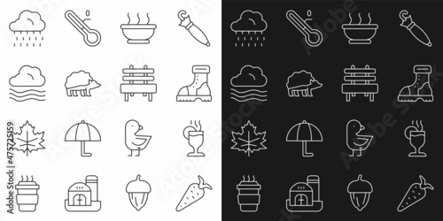 Set line Carrot  Mulled wine  Waterproof rubber boot  Bowl hot soup  Hedgehog  Windy weather  Cloud with rain and Bench icon. Vector