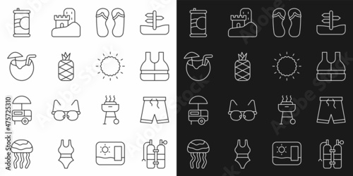 Set line Aqualung, Swimming trunks, Life jacket, Flip flops, Pineapple, Coconut cocktail, Soda can and Sun icon. Vector