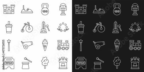 Set line Ticket box office, Toy train, Juggling ball, Weight, Vintage bicycle, Paper glass with water, Castle and Striker attraction hammer icon. Vector