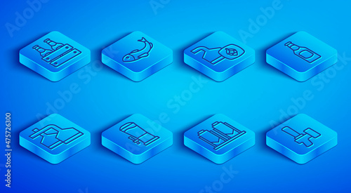 Set line Pack of beer bottles, Dried fish, Beer brewing process, tap, and icon. Vector