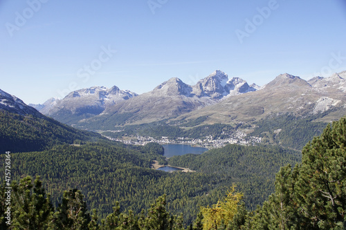 Scenic view of the mountains and the valley in Muottas Muragl, Samedan, Switzerland photo