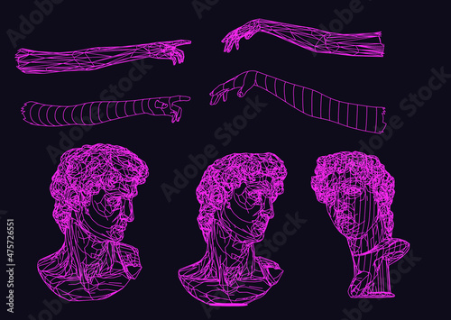 Set of 3D models of gypsum heads. Cyberpunk sci-fi style vector illustration.
