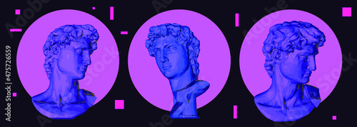 Retrofuturistic style 3D illustration of a low poly bust on dark background. Vaporwave computer art aesthetics.