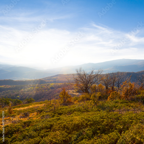autumn mountain valley at the sunset