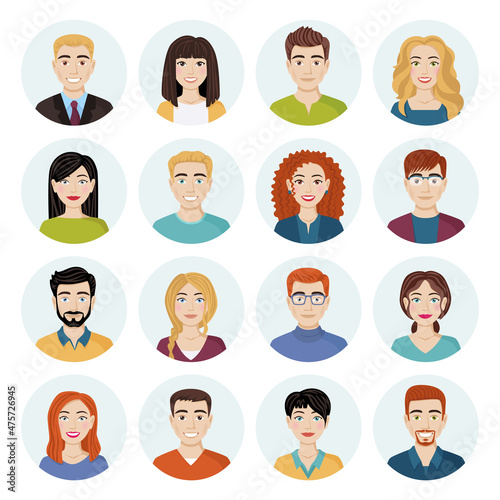 Set of avatars of different smiling people. Collection of characters of men and women in round frames. Isolated vector illustrations