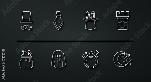 Set line Magician, Witch cauldron, Castle tower, stone ring, Ghost, Bottle with potion, Moon and stars and hat rabbit ears icon. Vector