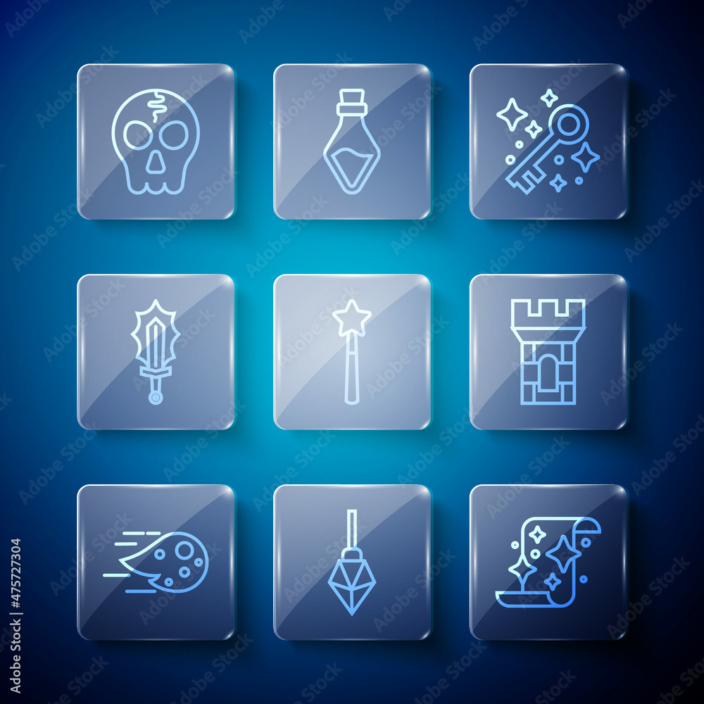 Set line Fireball, Magic stone, scroll, Old magic key, wand, sword in fire, Skull and Castle tower icon. Vector