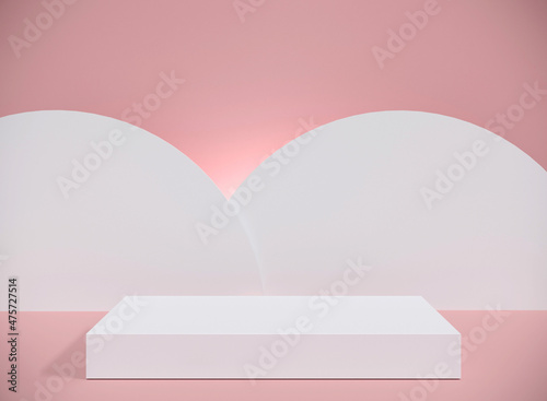 3d rendering white box podium  two circle decor and pink background