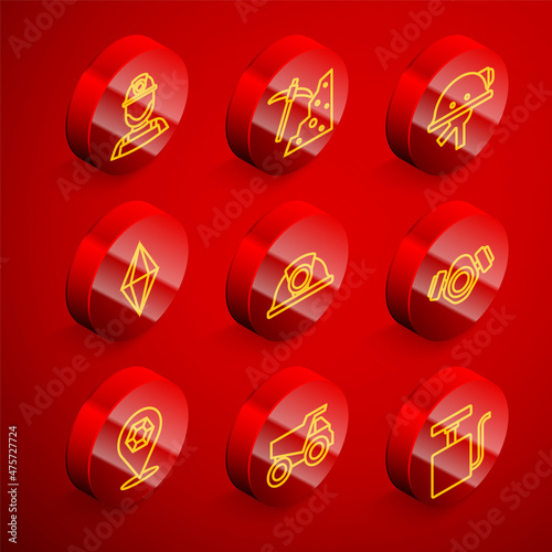 Set line Miner in a helmet, Pickaxe, Gem stone, Gas mask, and Mining dump truck icon. Vector
