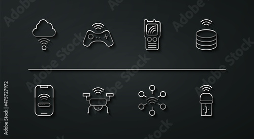 Set line Network cloud connection, Mobile with wi-fi wireless, Smart data server, drone system, Wireless gamepad, Usb adapter and Walkie talkie icon. Vector