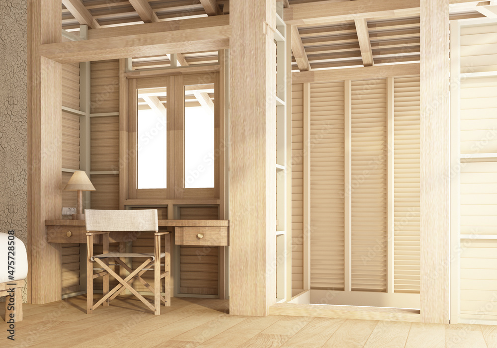 Fototapeta premium Bedroom and living area under a roof overlooking the structure, concrete walls and wooden floors and a bathroom. in vintage resort style 3d render