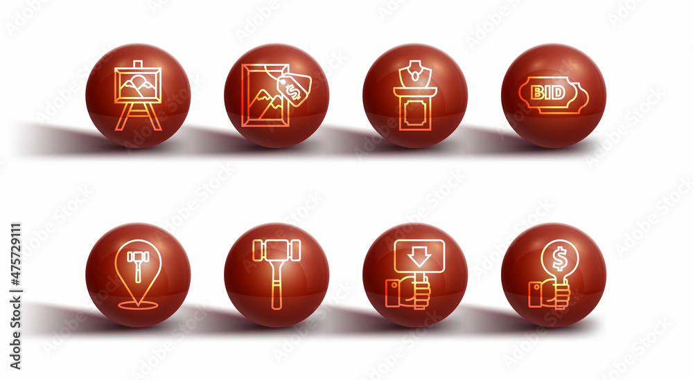 Set line Auction painting, hammer, Bid, Hand holding auction paddle, and jewelry sale icon. Vector Set line Auction painting, hammer, Bid, Hand holding auction paddle, and jewelry sale icon. Vector