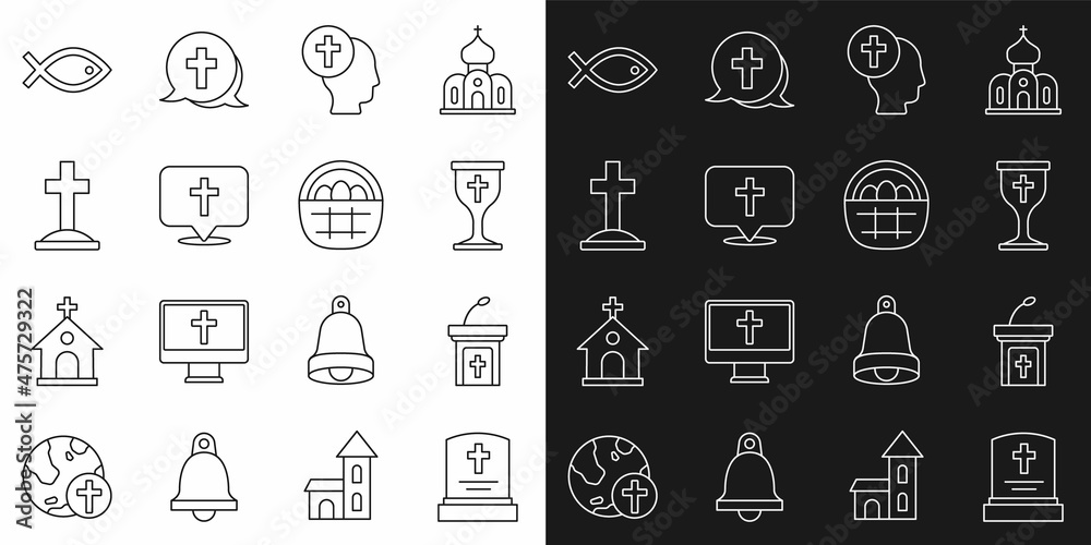 Set line Grave with tombstone, Church sermon tribune, Christian chalice, Priest, Location church building, cross, fish symbol and Basket easter eggs icon. Vector