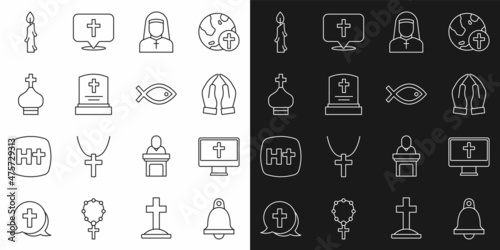 Set line Church bell  Christian cross on monitor  Hands in praying position  Nun  Grave with tombstone  church tower  Burning candle and fish symbol icon. Vector