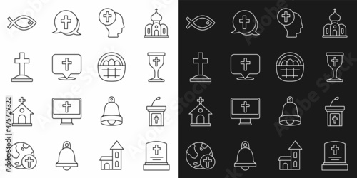 Set line Grave with tombstone, Church sermon tribune, Christian chalice, Priest, Location church building, cross, fish symbol and Basket easter eggs icon. Vector