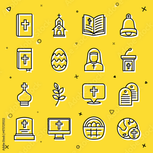 Set line Christian cross with globe, Holy bible book, Church sermon tribune, Easter egg, and Nun icon. Vector